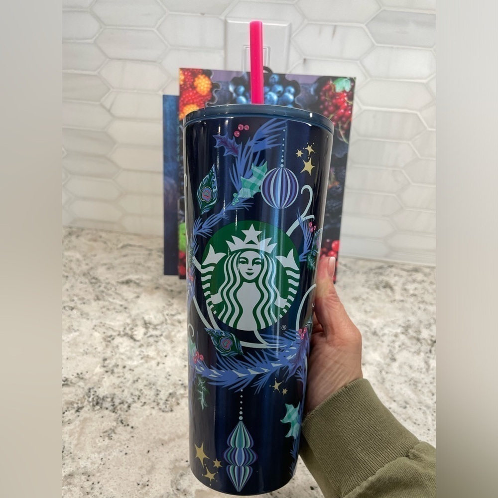 Starbucks 2024 Holiday Blue Peacock Feathers Pine Boughs Winter SS Tumbler. NWT!